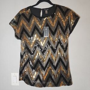 NWT Cable & Gauge Gold Black Sequin Chevron Top Size Medium